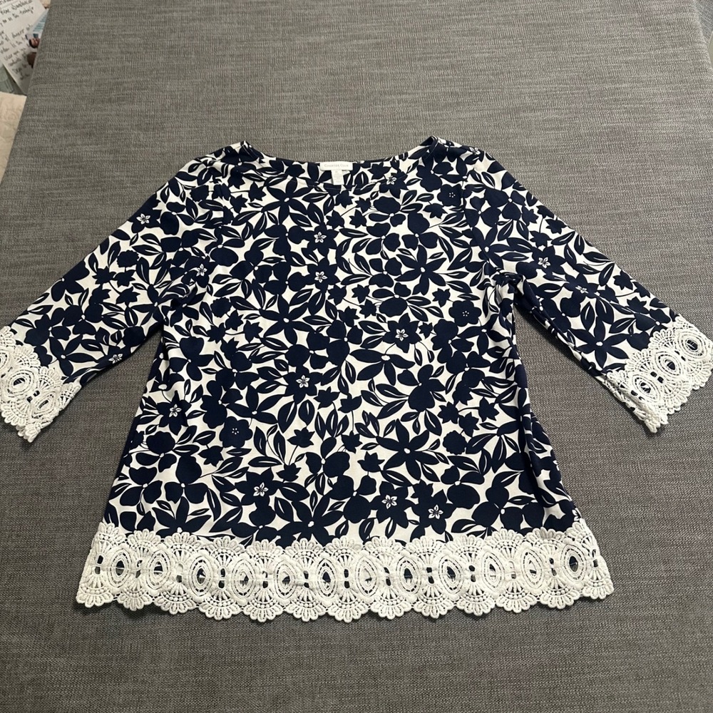 Charter Club Floral Top Womens XL Navy White 3/4 Sleeve Lace Trim